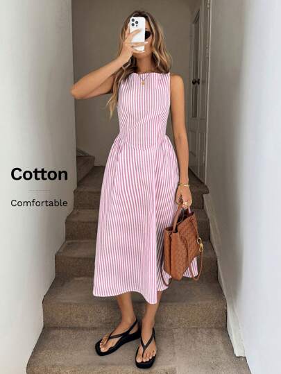 Easowa 圆领无袖收腰褶饰 A 字中长连衣裙，海军蓝和白色条纹棉质休闲度假优雅女士连衣裙