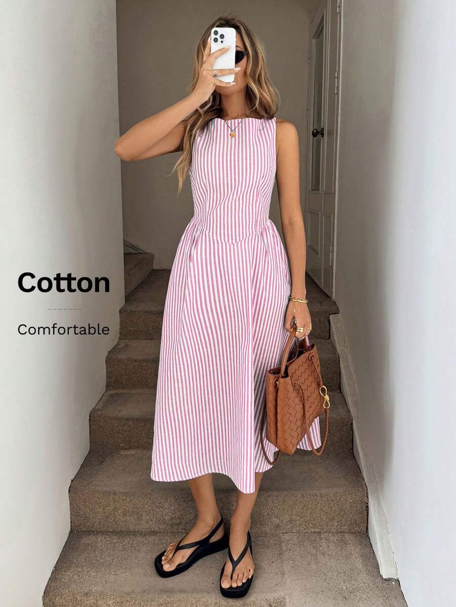Easowa 圆领无袖收腰褶饰 A 字中长连衣裙，海军蓝和白色条纹棉质休闲度假优雅女士连衣裙 - 粉色 - 查看 1
