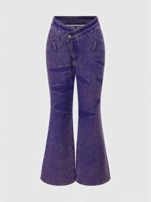 ROMWE Fairycore Pantalón acampanado asimétrico en la cintura de color rosa y púrpura con estilo retro Y2K para mujeres