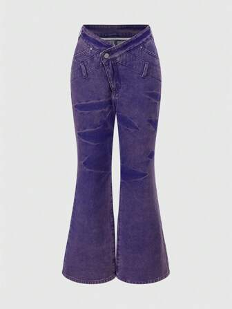 Fairycore Pantalon évasé asymétrique taille haute rose et violet rétro Y2K pour femmes