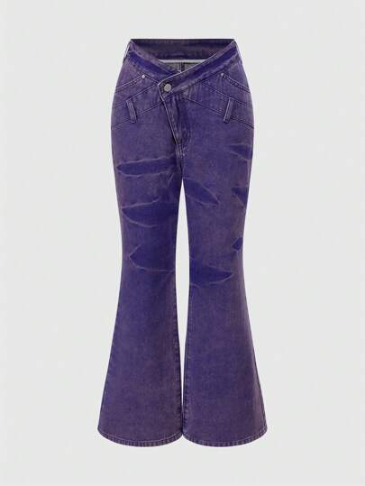 Fairycore Pantalon évasé asymétrique taille haute rose et violet rétro Y2K pour femmes