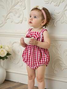 SHEIN Mono Mono para bebé niña con volantes y lazo a cuadros rojos, para verano