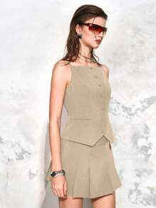SHEIN LUNE 1 件女式无袖收腰休闲背心，轻盈夏季 - 卡其色 - 查看 3