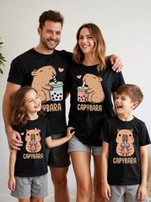 Women's Casual Creative Cute Capybara Graphic Print Basic Short Sleeve Tee, Stylish - Black - View 3