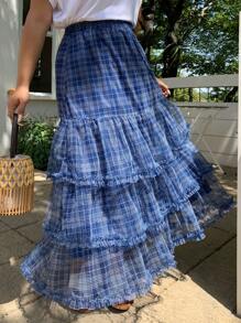 Dazy Plus Elastic Waist Plaid Chiffon A-Line Skirt, Spring/Summer