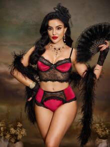 2pcs Vintage Romantic Velvet Floral Lace Sheer Contrast Push-Up 3/4 Cup Underwired Thong Lingerie Set, Wine Red/Black, For Vacation, Party, Music Festival - Burgundy - View 1