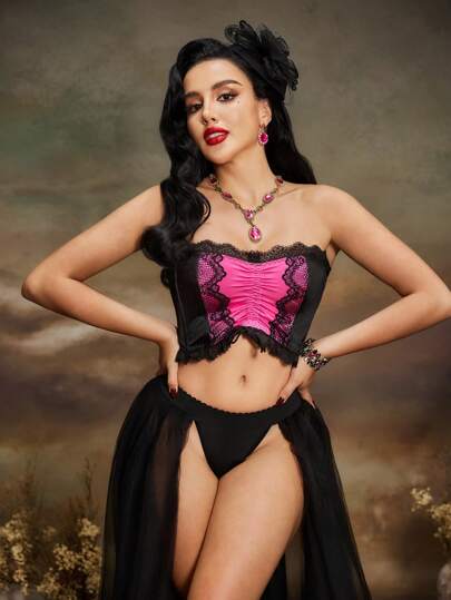 PinupPomp Vintage Palace Style Romantic Bondage Floral Lace Satin Sheer Women Waist Cincher, Rose Red & Black