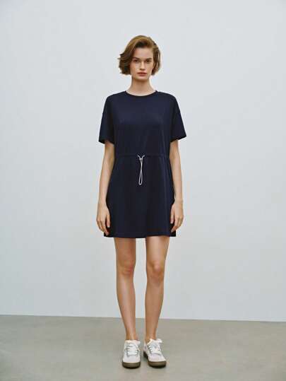 Lumivelle 女士优雅简约休闲运动风抽绳腰T恤连衣裙，带侧袋