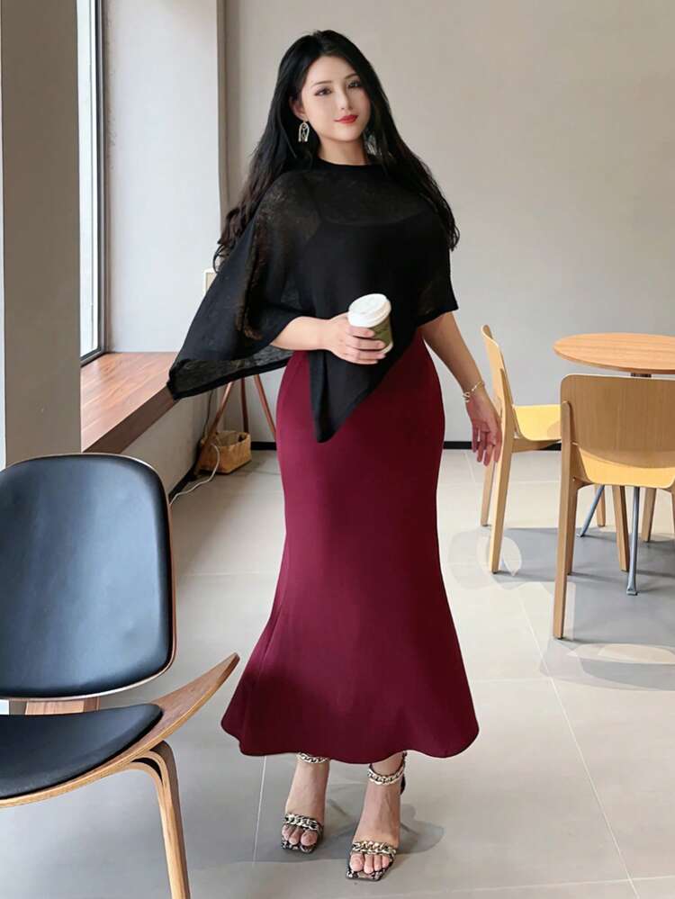 Set Of 2: Solid Wine Red Stretchy Mermaid Dress With Spaghetti Strap & Elegant Black Cover Up, Summer
