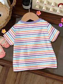 SHEIN Young Girl Casual Simple Lovely Striped & Floral Cartoon Pattern Round Neck Short Sleeve T-Shirt, Suitable For Summer