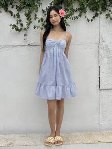 SHEIN Teen Girls' Summer Casual Simple Comfortable Spaghetti Strap Back Tie Ruffle Hem Mini Dress