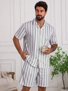 DAZY Summer Striped Multi-Color Shirt Combined Men's Home Wear Set Pajama - Multicolor - View 4