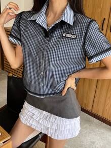 DAZY 2pcs/Set Women Summer Casual POLO Shirt & Checkered See-Through Mesh Splicing Suit Plaid - Blue - View 4