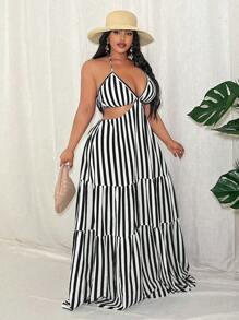 Slaydiva 大码性感露背条纹连衣裙，夏季飘逸连衣裙，女士太阳裙 - 黑色 - 查看 5