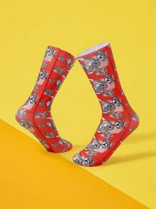 TOM & JERRY X SHEIN 1 Pair Cute Cartoon Cat Print Crew Socks, Comfortable