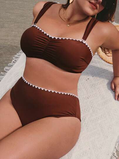 Elaquor Conjunto de bikini de talla grande para vacaciones de verano con acabado de contraste y busto fruncido