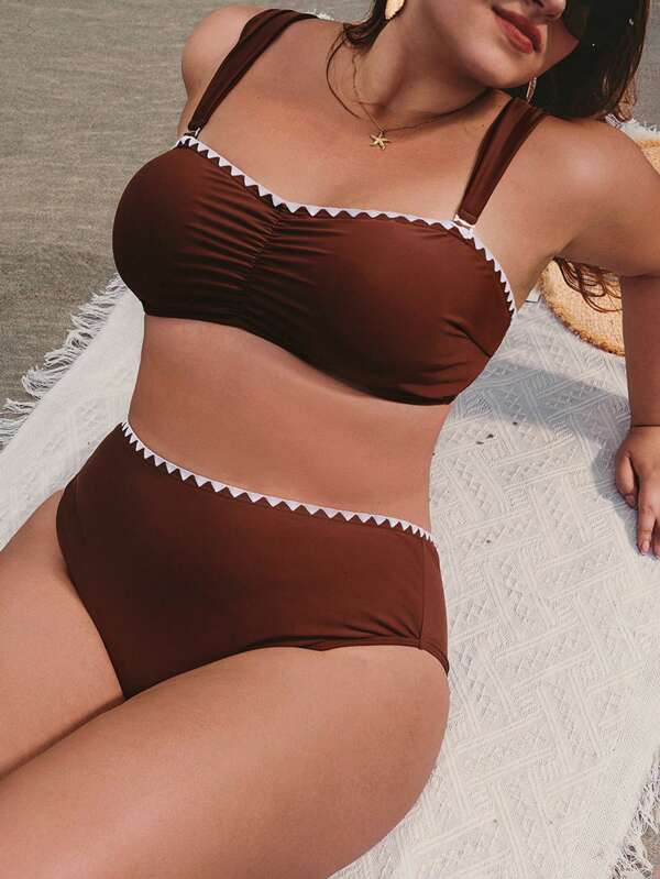 Elaquor Conjunto de bikini de talla grande para vacaciones de verano con acabado de contraste y busto fruncido