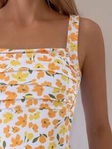 Swim Mod Floral Print Ruched Square Neck One-Piece Swimsuit (Print Styles May Vary) - Yellow - View 4