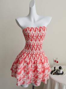 Elamini Pink Floral Print Sexy Backless Ruffle Hem Bodycon Mini Dress, Vacation Chic - Pink - View 5