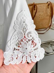 Comfortcana Áo thun nữ cổ tròn tay ngắn màu trơn, cổ tròn, thêu ren, họa tiết đơn giản, phong cách Bohemian, hàng mới 2025, phù hợp cho kỳ nghỉ hè - trắng - Xem 7