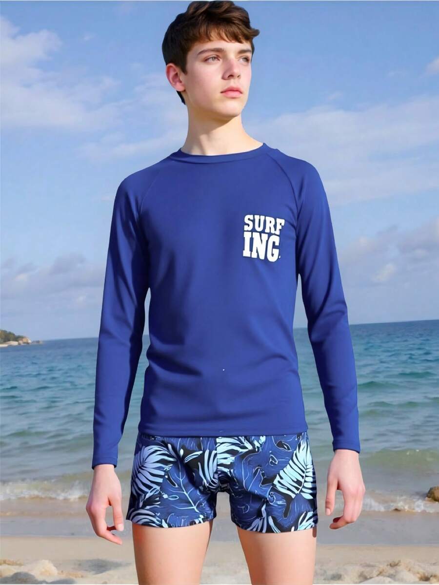 SHEIN Tween Boy Letter Print Long Sleeve Top And Plant Pattern Swim Trunks Set - Multicolor - View 1