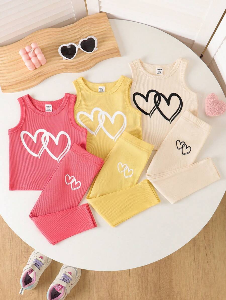 SHEIN 女婴春季休闲户外运动罗纹面料心形印花无袖上衣和松紧腰宽松裤子两件套服装 - 彩色 - 查看 1