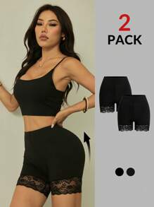 SHEIN PETITE 2pcs Contrast Lace Leggings Set, Summer - Black - View 9