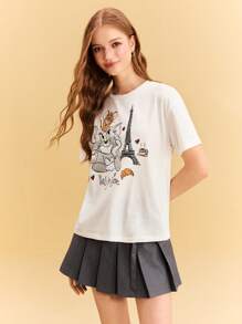 TOM & JERRY X SHEIN Women's Casual Cartoon & Tower Print Round Neck Short Sleeve T-Shirt, Summer