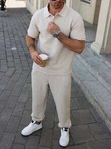 Manfinity Homme Plus Size Men Short Sleeve Solid Polo Shirt And Drawstring Waist Long Pants Set - Apricot - View 1