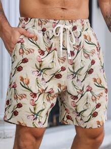 Manfinity Homme Plus Size Men's Floral Print Drawstring Waist Pocket Casual Shorts, Great For Couples And Makes An Excellent, Gift For Boyfriends Or Husbands. - Multicolor - View 3