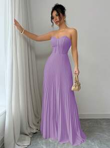 Elenzga Women's Elegant Romantic Bandeau Waist A-Line Pleated Dress - Mauve Purple - View 5