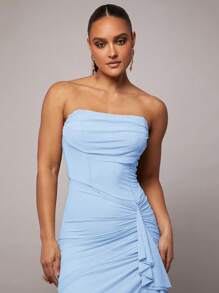 Silquee 优雅浪漫的绿色花卉印花长裙，荷叶边领口，灯笼袖，高开衩下摆，适合春夏季、情人节/约会，女士奢华蕾丝紧身连衣裙，浪漫派对/婚礼嘉宾/舞会/鸡尾酒会/办公室穿着 - 淺藍色 - 查看 5