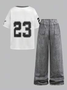 SHEIN Girlism 青少年女孩休闲宽松舒适 V 领短袖 T 恤和裤子 2 件套 - 彩色 - 查看 2