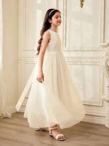 Đầm liền quần không tay bằng vải satin và lưới màu mơ thanh lịch cho bé gái tuổi mới lớn, trang phục phù hợp cho mẹ và bé (2 món bán riêng), mùa hè - Màu be - Xem 7