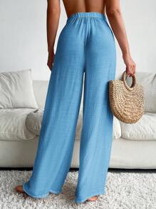 Swim Vcay 女士纯色扭纹罩衫和阔腿裤，适合度假休闲 - 淺藍色 - 查看 2
