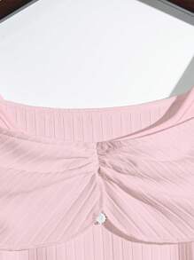 GlowEve Knitted Striped Textured Patchwork Button Decor Luxurious French Elegant White Women Short Sleeve Blouse, Summer - Pink - View 4