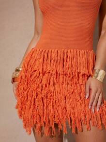 Silquee Women's Summer Fashion Solid Color Tassel Hem Knit Dress - Orange - View 9