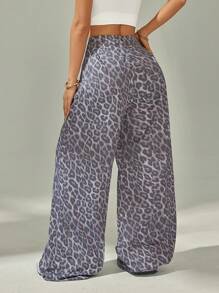 SHEIN Tall Women's Leopard Print Pockets Wide Leg Loose Casual Pants - Brown - View 2