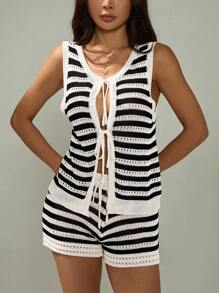 SHEIN PETITE Vacation Casual Contrast Color Striped Drawstring Vest & Shorts Beach West Vacation Music Festival Summer Outfit Bohemia Holiday - Black and White - View 7