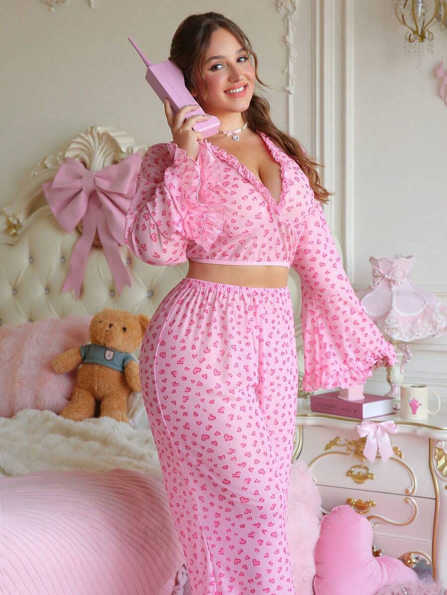 PetitDoll 2件套加大码性感心形印花网眼喇叭袖内衣套装 - 粉色 - 查看 1