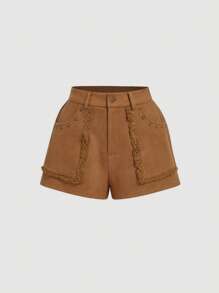 SHEIN MOD Quần short chữ A bằng da lộn màu nâu tua rua Hippie thập niên 70 dành cho nữ, phong cách Bohemian, lễ hội âm nhạc và phong cách phương Tây - Màu Khaki - Xem 1