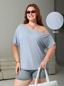 SHEIN EZwear Plus Size Solid Color Asymmetrical Collar Short Sleeve T-Shirt, Suitable For Summer - Baby Blue - View 4