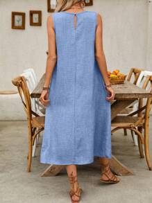 Breezaya Váy suông không tay màu trơn cho nữ, thời trang cho mùa hè - Màu xanh nhạt - Xem 2