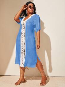 SHEIN Swim Curve Plus Size Handmade Crochet Short Sleeve Kaftan For Summer Beach Vacation