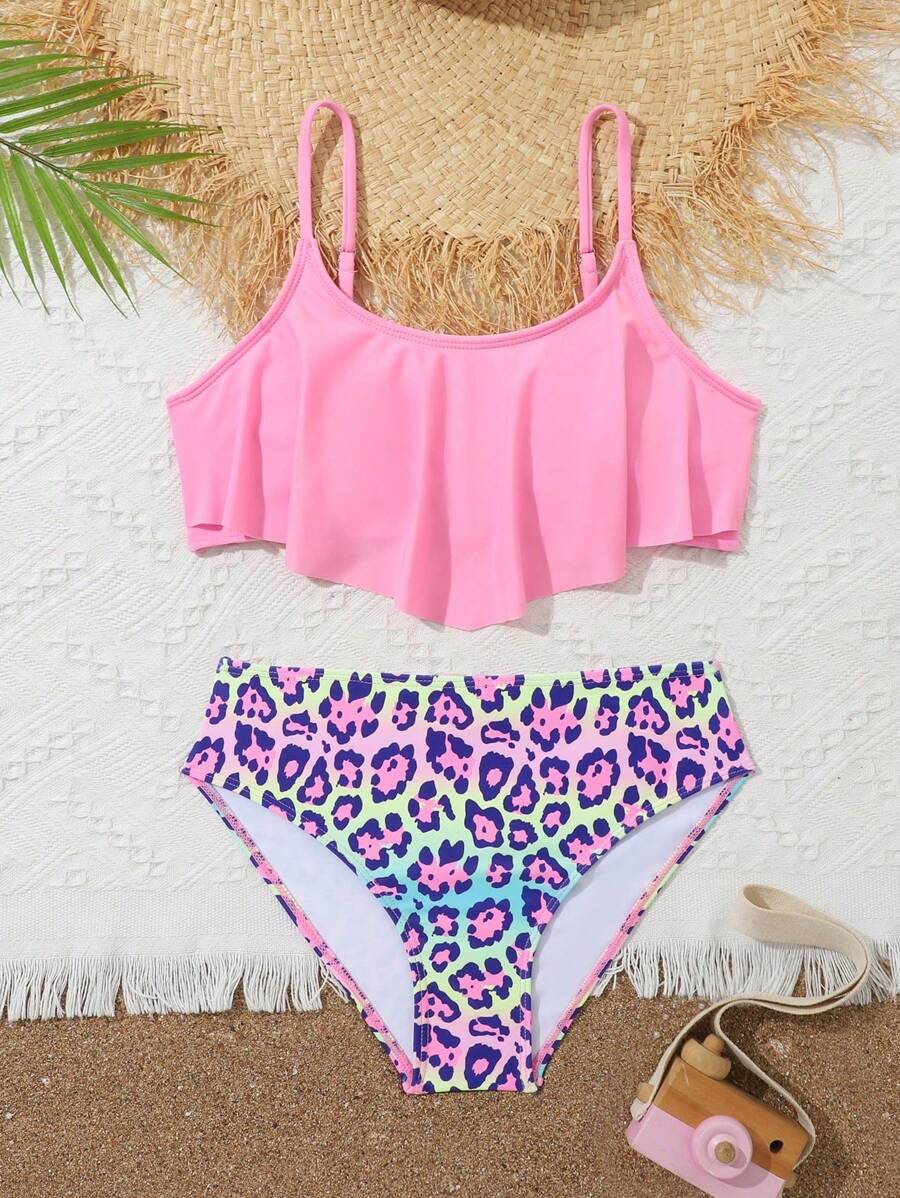 Teen Girls' Ruffle Hem Cami Top And Leopard Print Triangle Tankini Set Summer Holiday