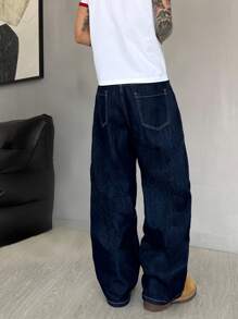 Manfinity Hypemode Pantalones vaqueros de pierna ancha azules con bolsillos y cremallera para hombres