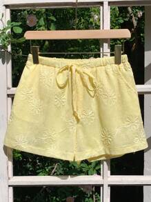 Comfortcana Plus Size Casual Solid Color Romantic Jacquard Drawstring Waist Shorts Yellow Shorts For Women Cute Summer Shorts