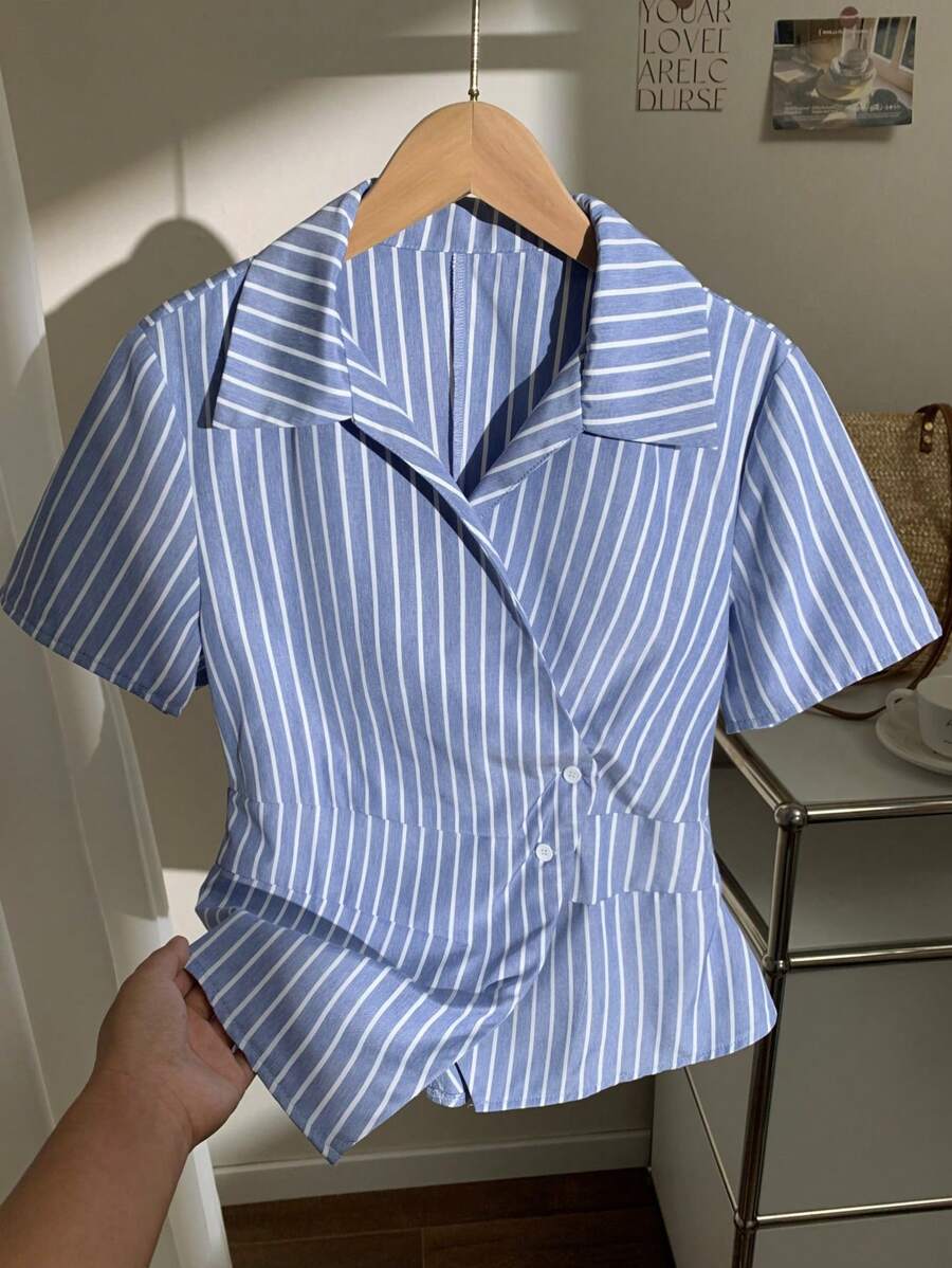 Comfortcana Women's Striped Print Asymmetric Hem Button Short Sleeve Shirt (BY0231-Z)