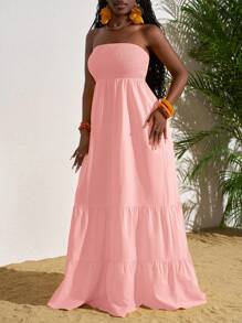 Slaydiva Vacation Casual Solid Color Strapless Dress - Pink - View 4