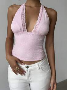 Aloruh Women's Summer Minimalist Contrast Lace Slim Fit Halter Neck Camisole - Baby Pink - View 4